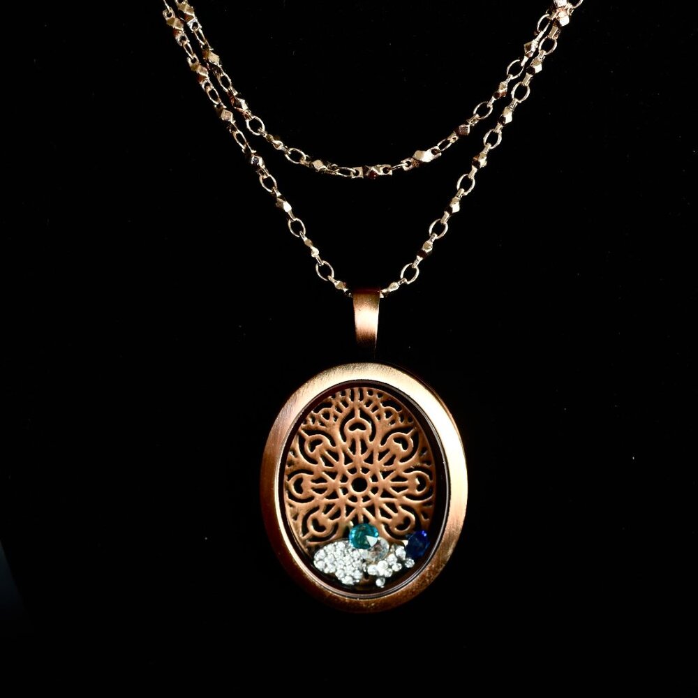 Copper Locket Necklace On 28" Chain With Crystals Inside - Mark SH